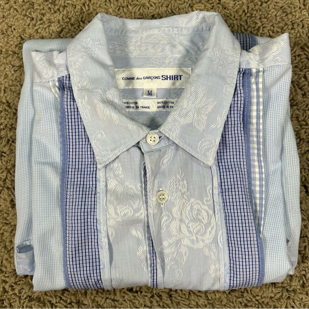 Comme Des Garcons Shirt Mens Medium Blue Floral Paisley Gingham Style Button Up